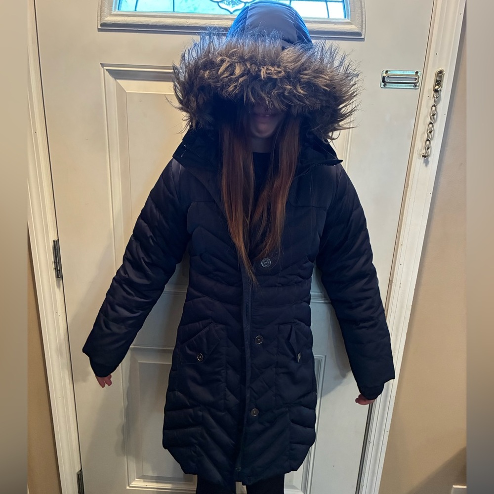 Lands' End Navy Blue Quilted Jacket with Pink Lining